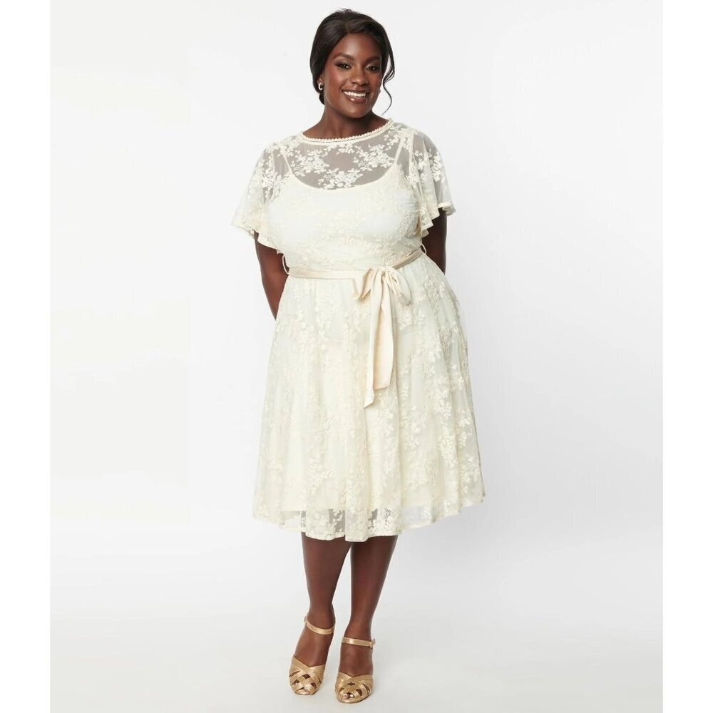 NWT Unique Vintage Plus Size 1930s Ivory Floral Lace Bridal Dress 1X/16